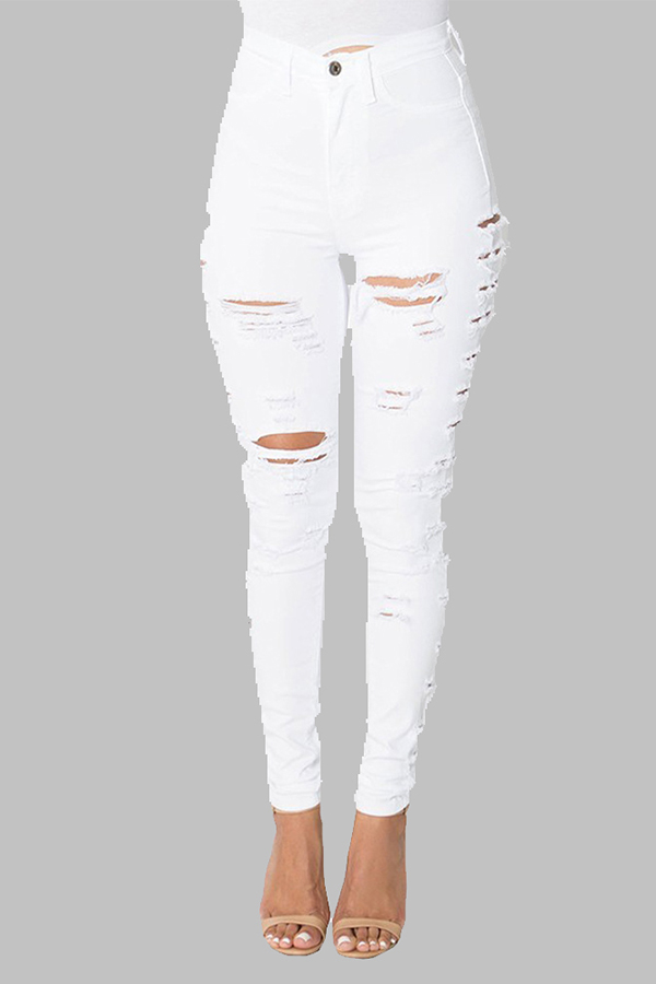 

Lovely Casual Hollow-out White Jeans