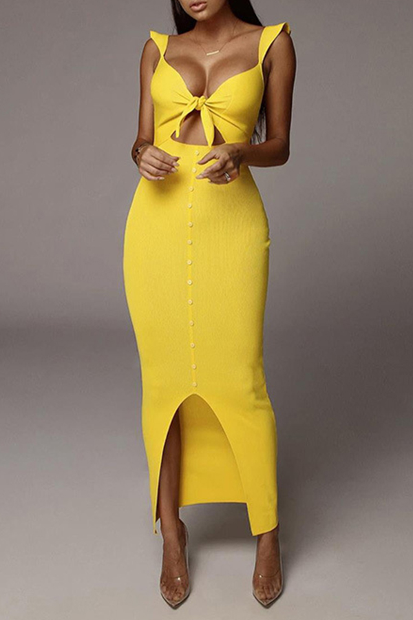 Cheap Dress Lovely Sweet Hollow-out Yellow Ankle Length Dress