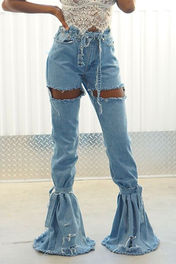 

Lovely Casual Flared Broken Holes Blue Jeans