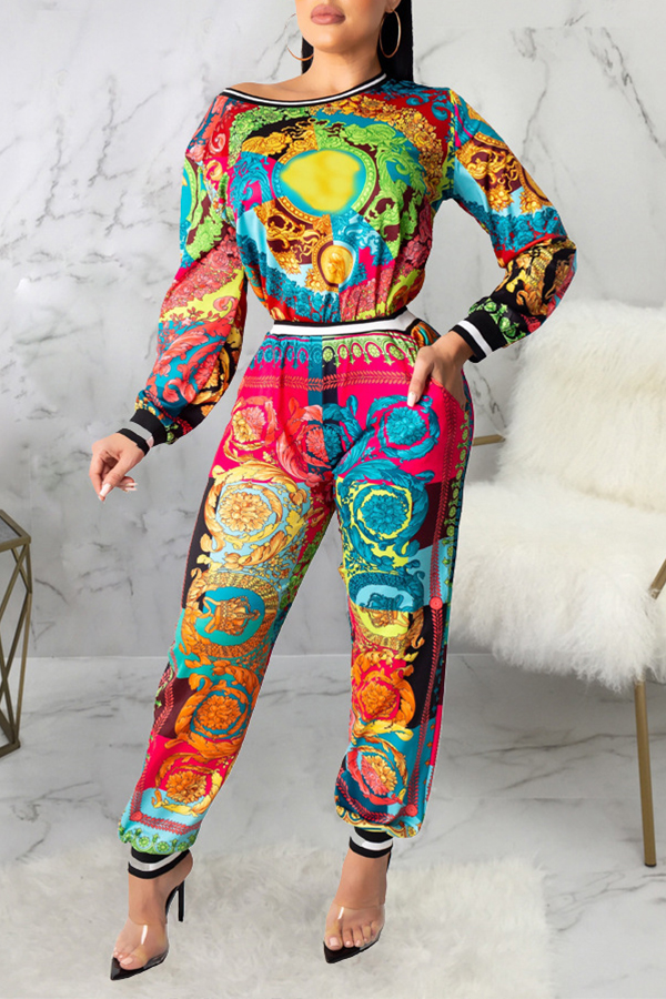 

Lovely Casual Basic Printed Rose Red Two-piece Pants Set