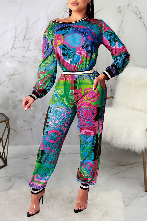 

Lovely Casual Basic Printed Green Two-piece Pants Set