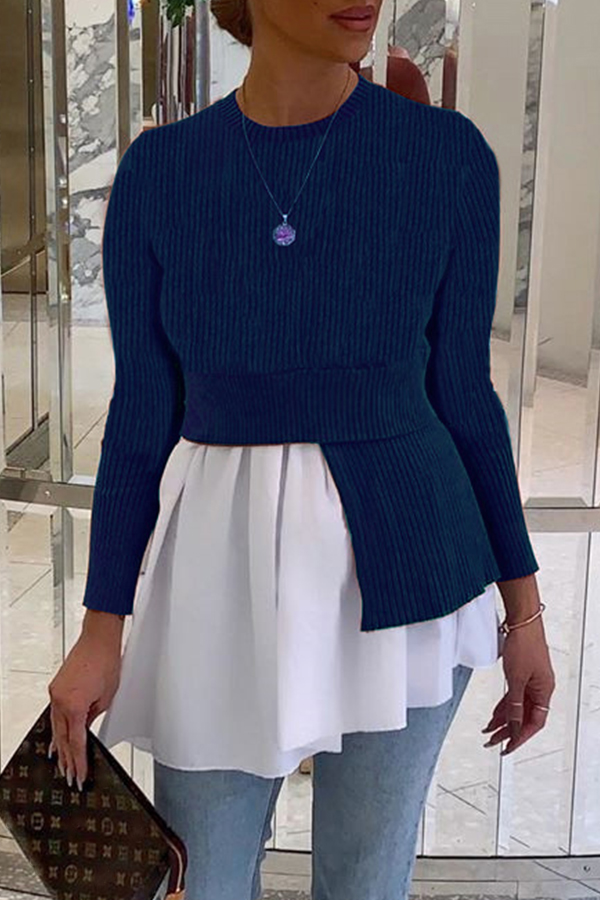 

Lovely Casual O Neck Patchwork Blue Blouse