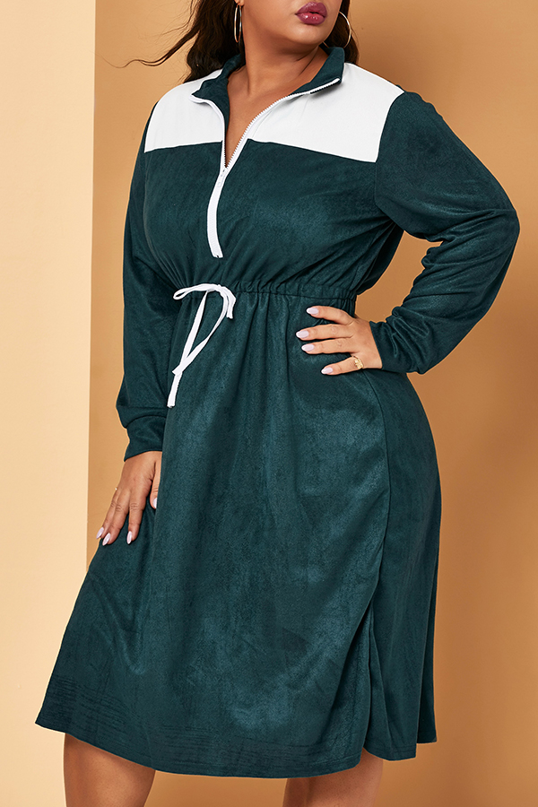 

Lovely Casual Patchwork Blackish Green Knee Length Plus Size Dress, Black green