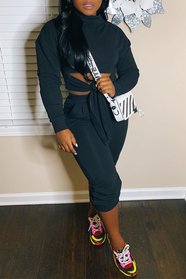

Lovely Casual Turtleneck Lace-up Black Two-piece Pants Set