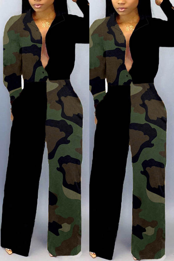 

Lovely Trendy Patchwork Camouflage Printed Army Green One-piece Jumpsuit, Army green camouflag