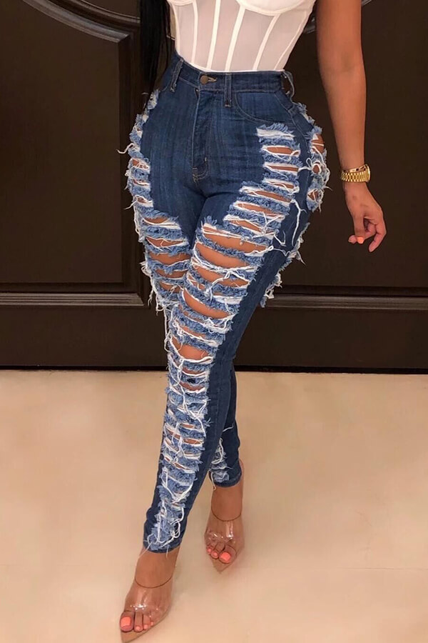 

LW Casual Broken Holes Deep Blue Jeans