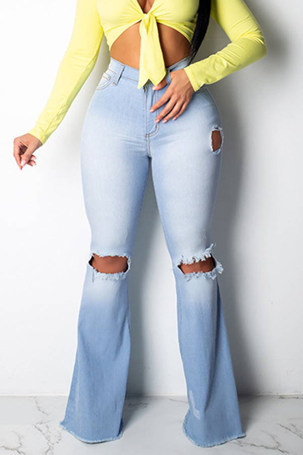 

Lovely Casual Broken Holes Baby Blue Jeans