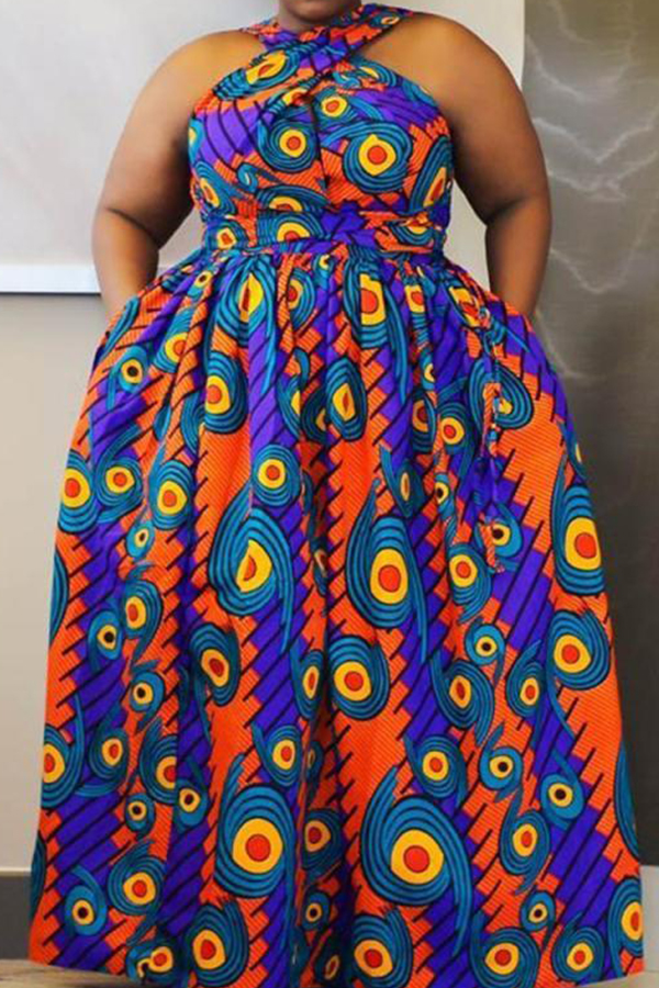 

Lovely Bohemian Printed Blue Floor Length Plus Size Dress