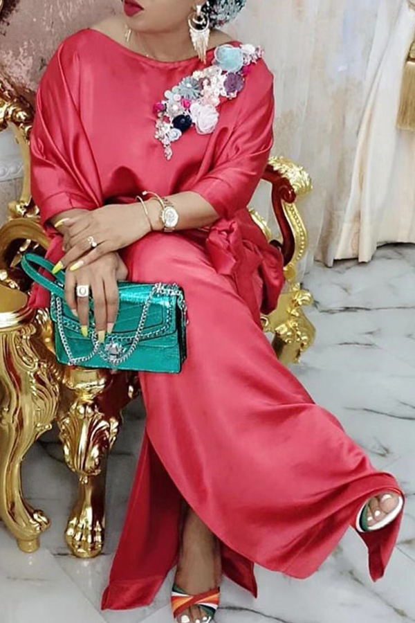 

Lovely Casual Patchwork Red Floor Length Plus Size Dress