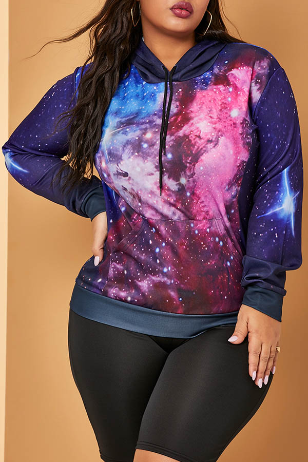 

Lovely Trendy Printed Blue Plus Size Hoodie