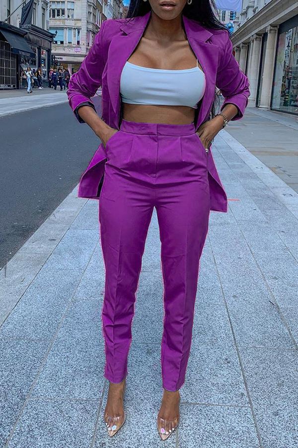 

Lovely Trendy Turndown Collar Purple Two-piece Pants Set