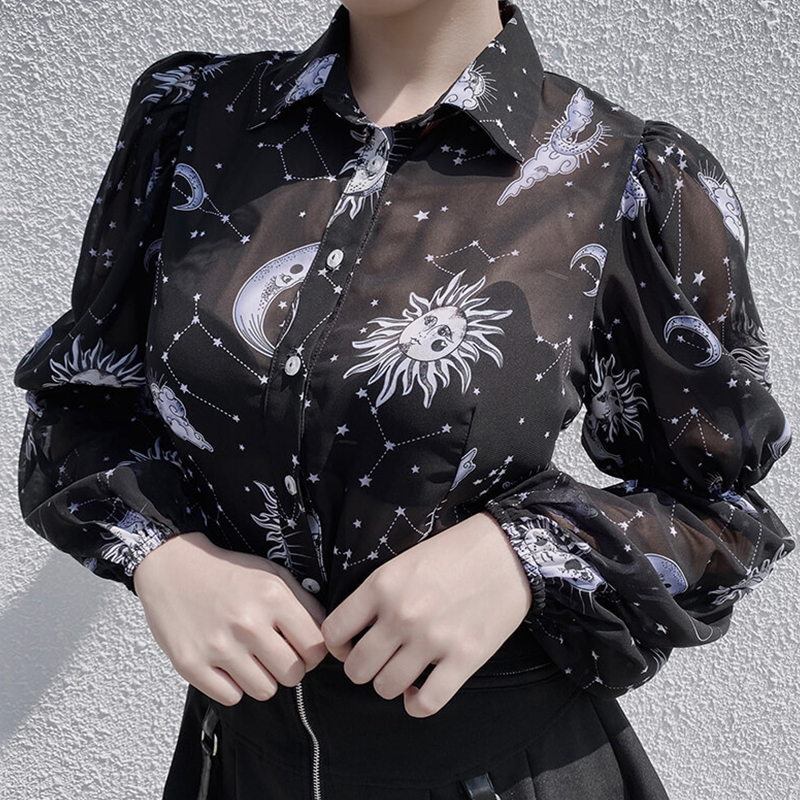 

Lovely Casual Turndown Collar Printed Black Blouse