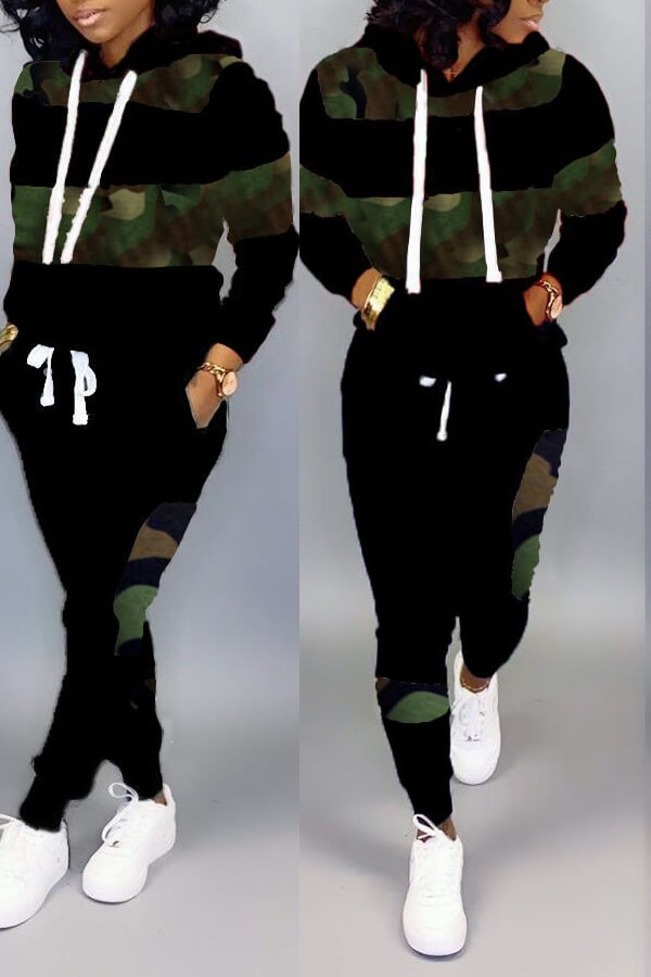 

LW Casual Patchwork Camouflage Printed Black Two-piece Pants Set, Black camouflage