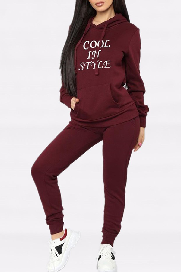 

Lovely Casual Letter Printed Wine Red Two-piece Pants Set