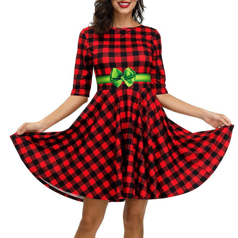 Cheap Dress Lovely Christmas Day Plaid Printed Wine Red Mini Dress