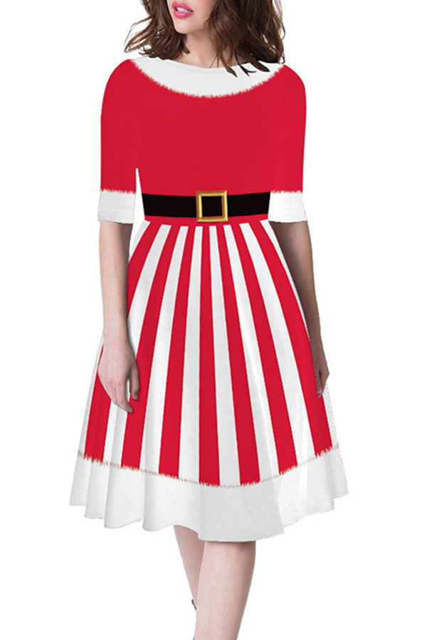 

Lovely Christmas Day Striped Printed Red Mini Dress