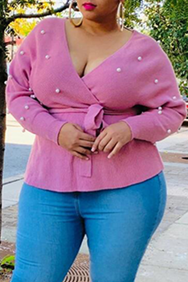 

Lovely Casual V Neck Pink Plus Size Sweater