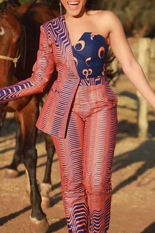 Lovely Work One Shoulder Multicolor Two-piece Pants Set