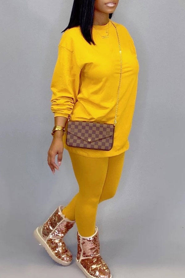 Lovely Leisure O Neck Basic Yellow Two-piece Pants Set