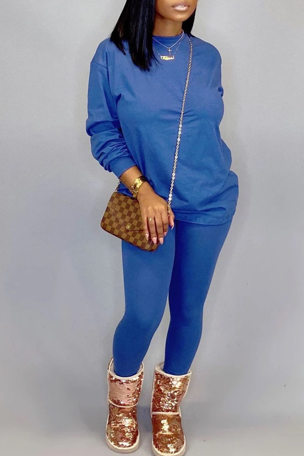 

Lovely Leisure O Neck Basic Blue Two-piece Pants Set