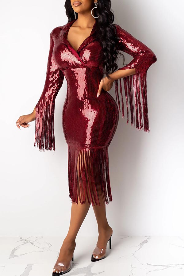 

Lovely Party Tassel Design Wine Red Knee Length Dress