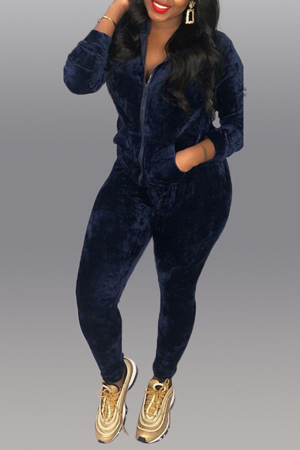 

Lovely Leisure Hooded Collar Zipper Design Black Two-piece Pants Set