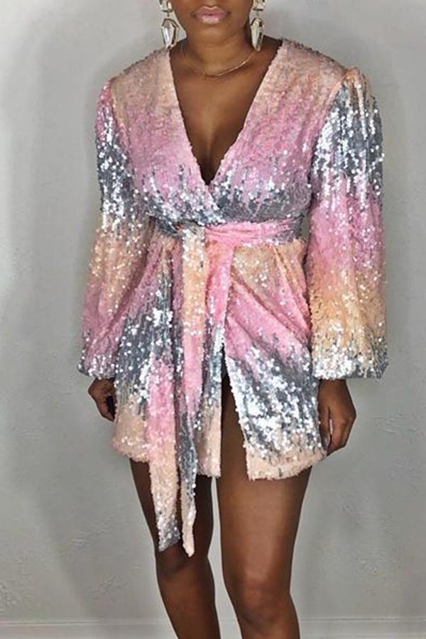 

Lovely Casual V Neck Lace-up Pink Mini Dress