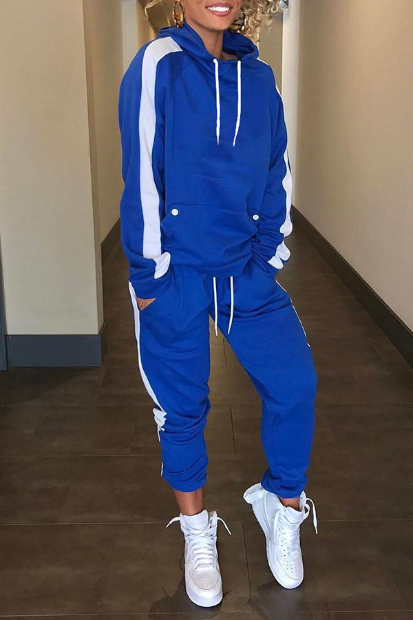

Lovely Casual Hooded Collar Patchwork Blue Two-piece Pants Set