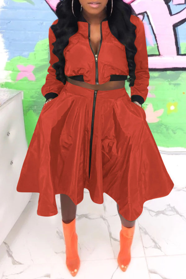 

Lovely Casual Turndown Collar Jacinth Two-piece Skirt Set