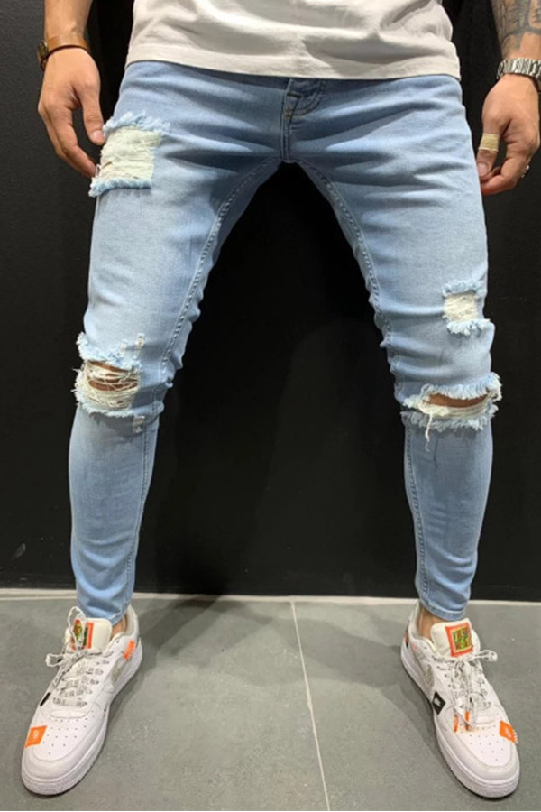 

Lovely Casual Broken Holes Baby Blue Jeans