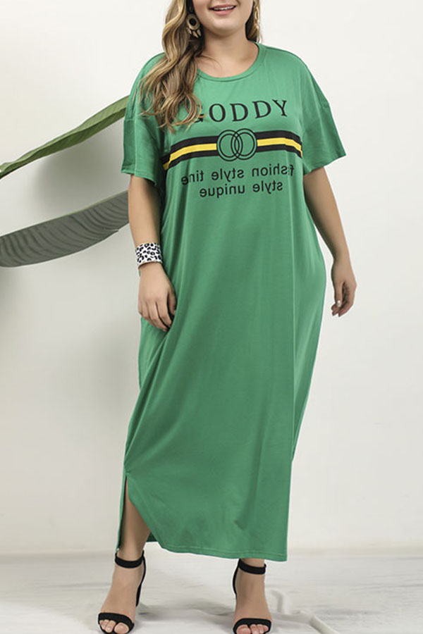 

Lovely Casual Letter Printed Green Ankle Length Plus Size Dress
