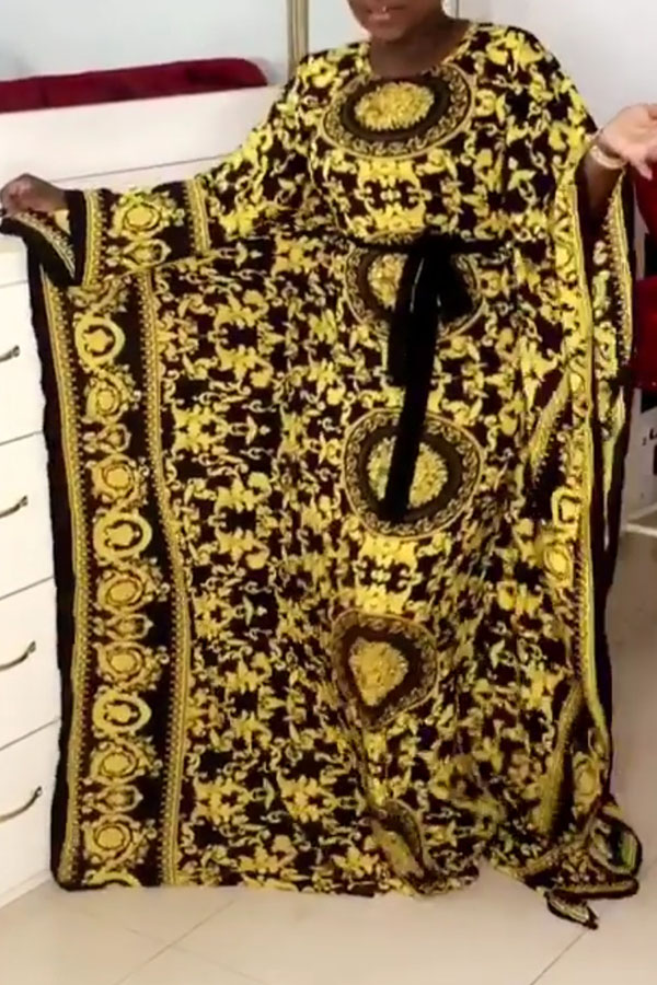 

Lovely Casual O Neck Printed Black Floor Length Plus Size Dress