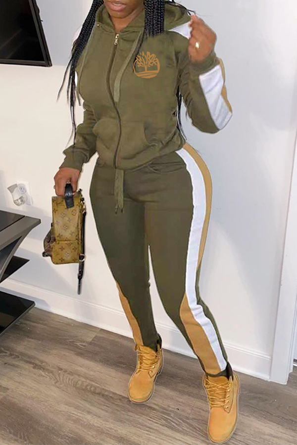 

Lovely Sportswear Hooded Collar Patchwork Army Green Two-piece Pants Set