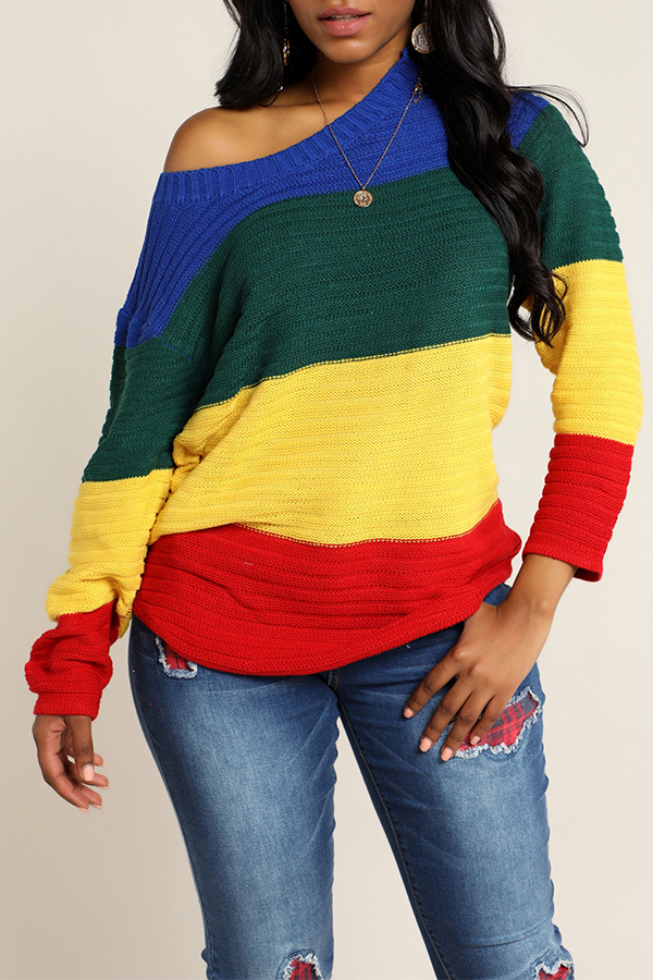 Lovely Casual O Neck Patchwork Multicolor Sweater（With Elastic)