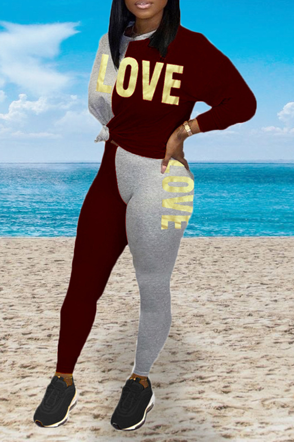 

Lovely Casual Patchwork Letter Printed Wine Red Two-piece Pants Set