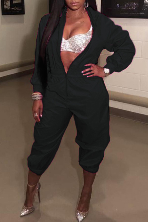 

Lovely Casual Zipper Design Black One-piece Jumpsuit