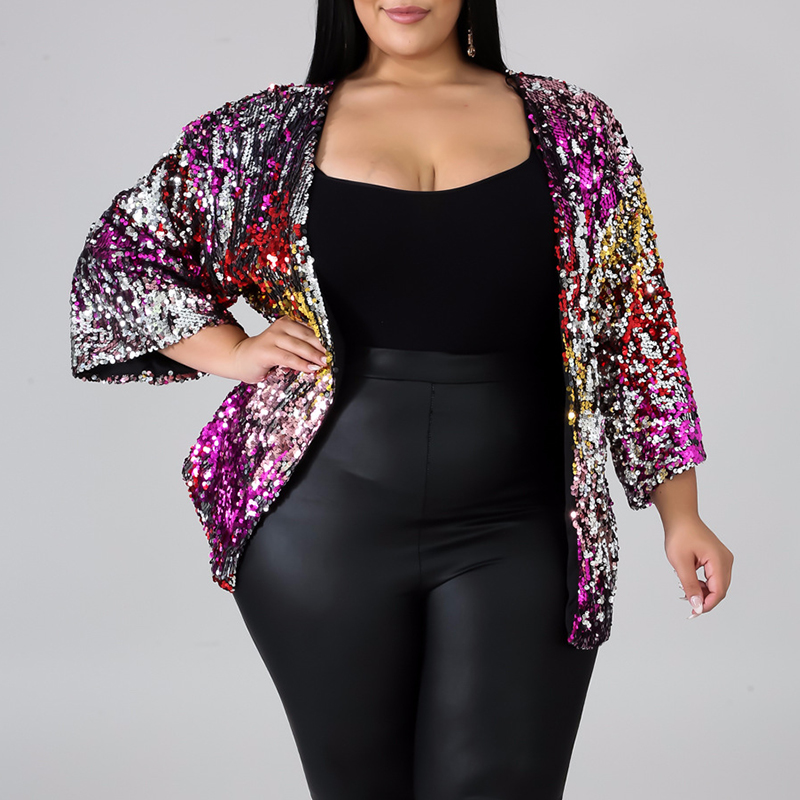 Cheap Plus Size Coat&Jacket Lovely Casual Sequined Multicolor Plus Siz