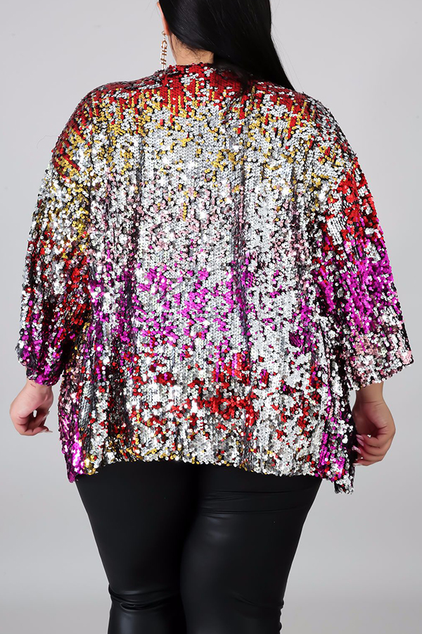 Lovely Casual Sequined Multicolor Plus Size Jacket_Plus Size Coat&Jacket_Plus Size Outwear&Coats 
