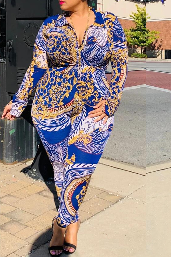 

Lovely Casual Printed Blue Plus Size One-piece Jumpsuit