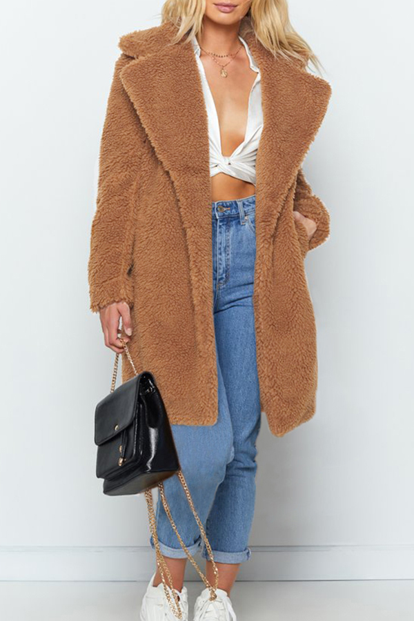 Lovely Casual Winter Long Light Camel Coat