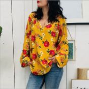 Lovely Leisure V Neck Printed Yellow Blouse