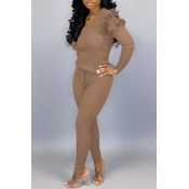 Lovely Casual Flounce Design Beige Two-piece Pants