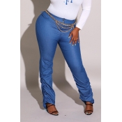 Lovely Casual Ruffle Design Blue Plus Size Jeans