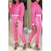Lovely Casual Winter Patchwork Pink Two-piece Pant