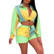 Lovely Casual Color-lump Patchwork Green Two-piece