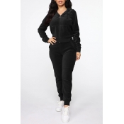 Lovely Casual Hooded Collar Basic Black Two-piece 