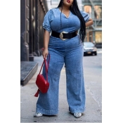 Lovely Casual Loose Blue Plus Size One-piece Jumps