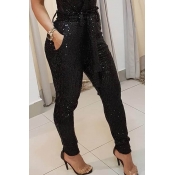 Lovely Chic Sequined Lace-up Black Pants