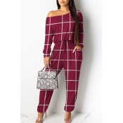 Lovely Casual Grid Printed Red One-piece Jumpsuit