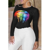 Lovely Casual Lip Printed Black T-shirt